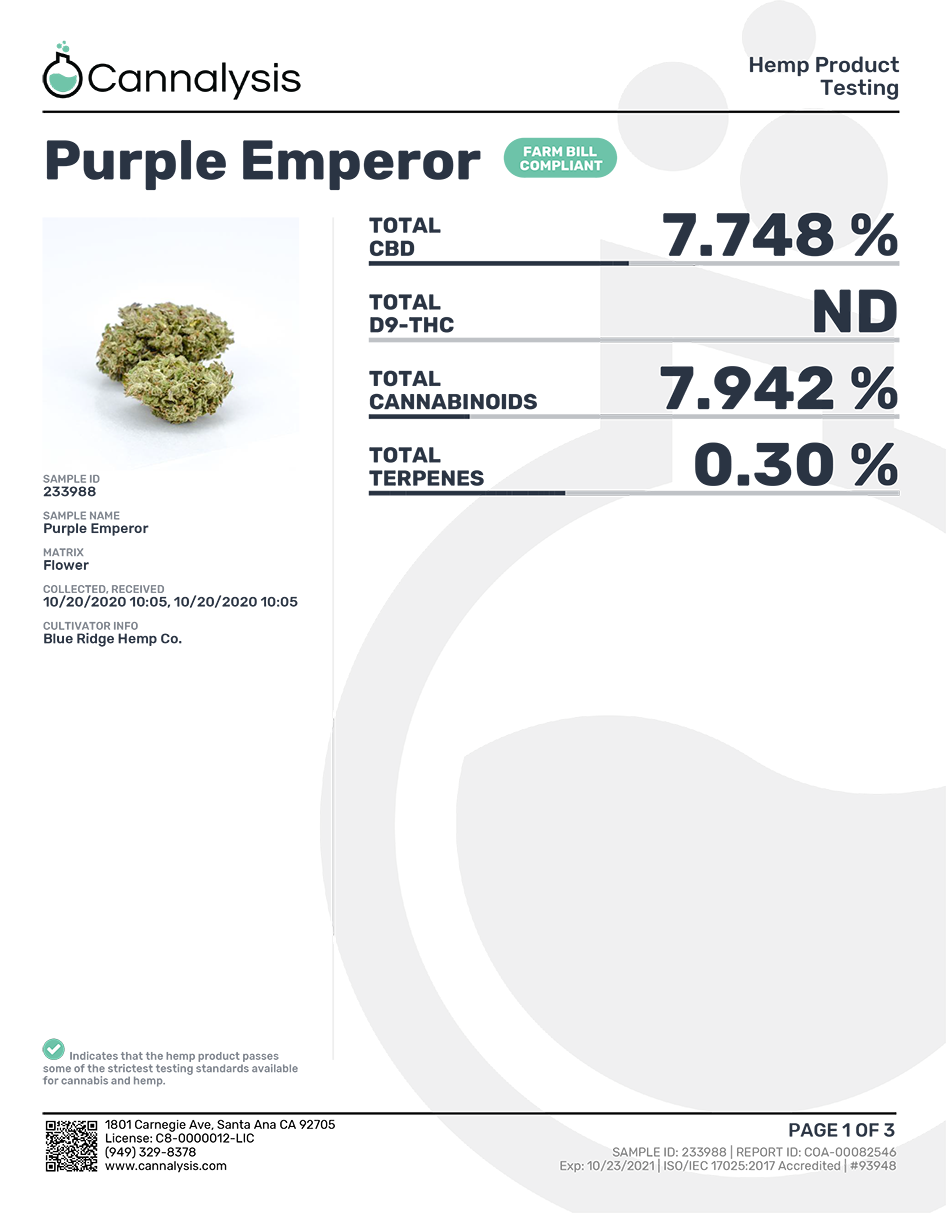Purple Emperor hemp BlueRidge coa lab results